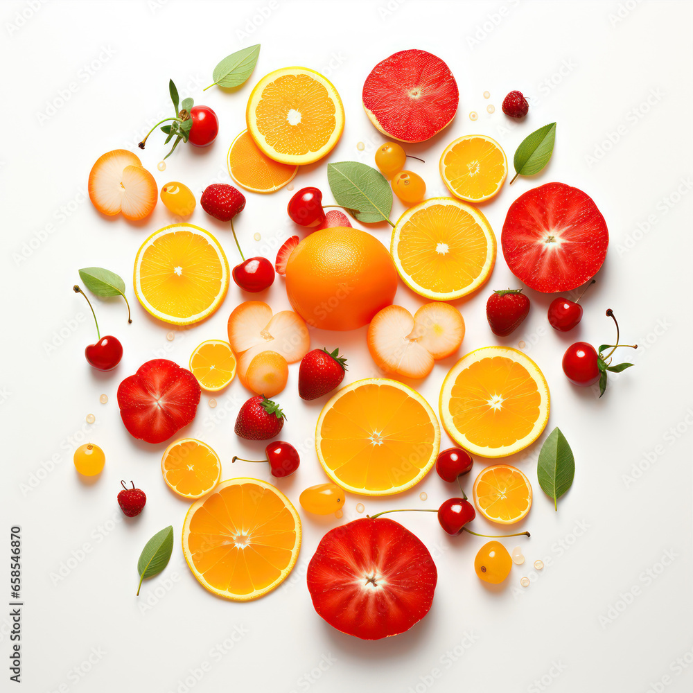 Different types of fresh fruits on white background, top view. Healthy food