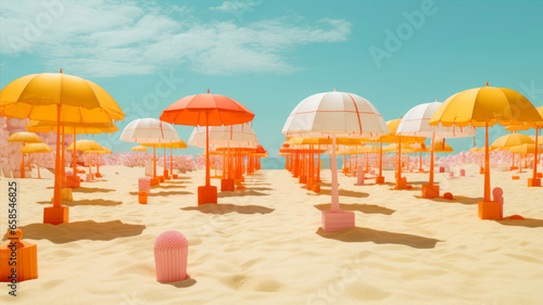 Beach umbrellas on the sand. 3d render.