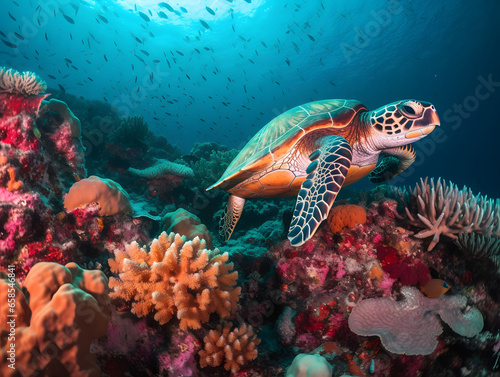 Colorful Sea Turtle Gliding Over Vibrant Coral Reef, AI Generated Image © AI