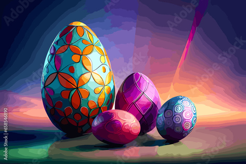 Illustration of easter eggs decoration with colorful pattern designs on a dark gradient vector background, generative ai