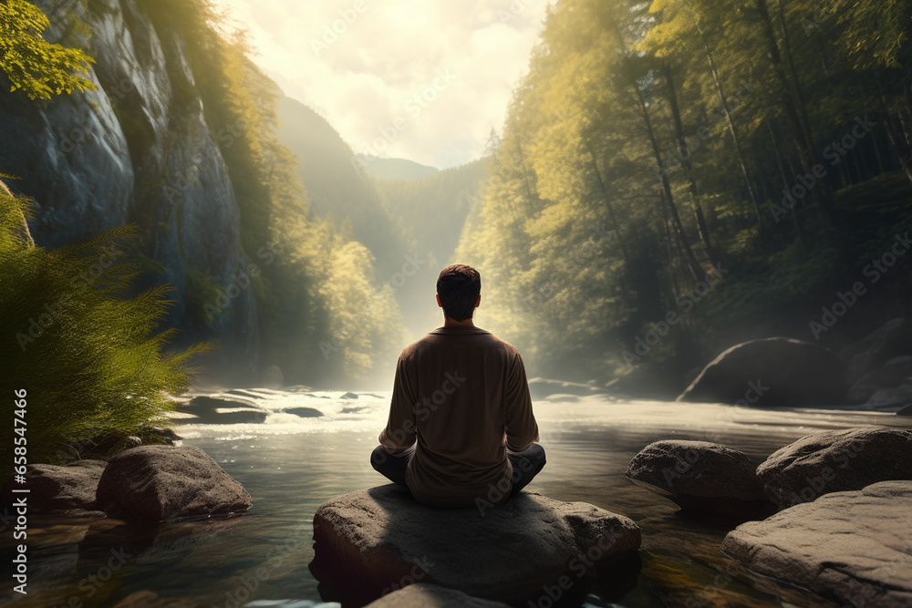 A man practicing mindfulness and meditation in a peaceful natural environment sony A7s realistic image, ultra hd, high design very detailed