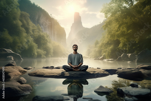 A man practicing mindfulness and meditation in a peaceful natural environment sony A7s realistic image, ultra hd, high design very detailed © Rehman