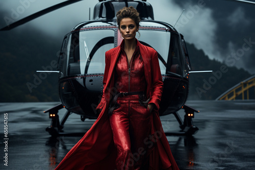 photo series showcasing models in haute couture gowns and suits, posing on the helipad with helicopters as a backdrop, blending fashion and aviation.