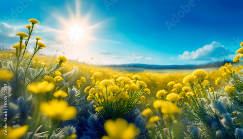 Meadow of yellow flowers with blue sky and sun rays.