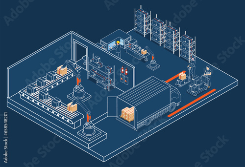 Logistics Warehouse Work Process Concept with Transportation operation service, Industrial Internet of Things and Autonomous Robot. Vector illustration EPS 10