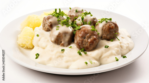 Delicious Plate of Swedish Meatballs Isolated on a White background