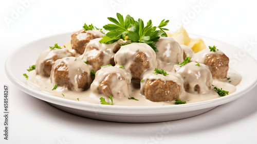 Delicious Plate of Swedish Meatballs Isolated on a White background