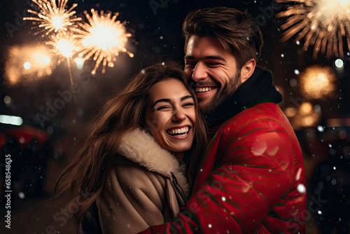 Happy young couple in love on the background of fireworks in the night city. Created with Generative AI tools