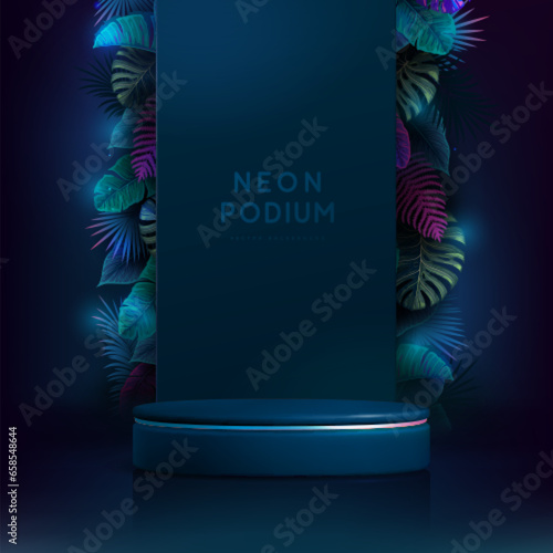 Fluorescent neon showcase background with 3d podium and tropic leaves.  Summer nature concept. Vector illustration