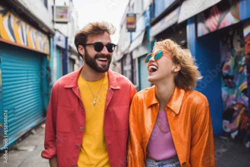 Young stylish couple in sunglasses having fun and smiling while walking in city. Created with Generative AI tools © DIGITALSHAPE
