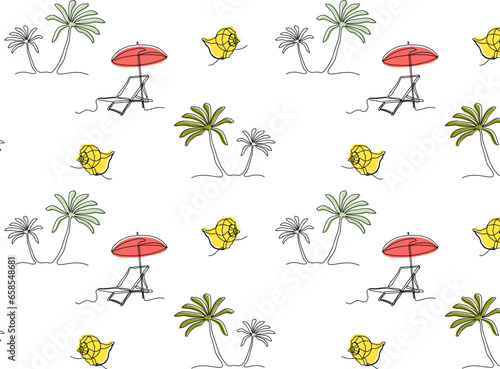 seamless pattern of a chaise longue, palm trees and seashells. Sea, vacation, islands, vacation,beach. One continuous line art