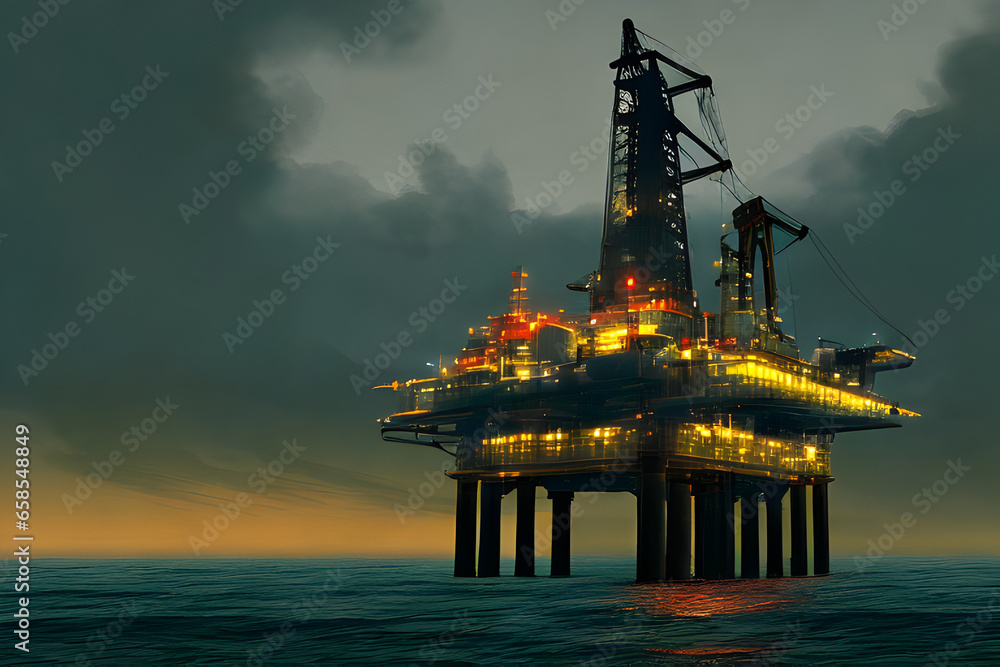 Offshore Oil Rig Platform With Lights In The Blue Ocean On Sunset Sky Background Energy Industry Theme Punk Style
