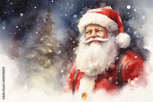 Digital painting of Santa Claus in the snowy forest. Christmas card. Created with Generative AI tools © DIGITALSHAPE
