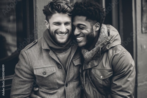 Black and white portrait of two gay men embracing and smiling while standing outdoors. Created with Generative AI tools