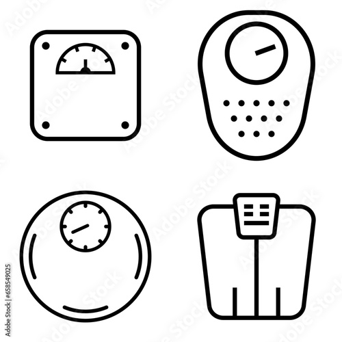 Collection of bathroom scales icons isolated on white background. Bath scale dial