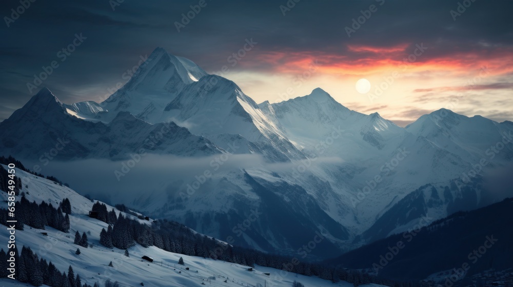 Full moon rising over a winter mountain landscape