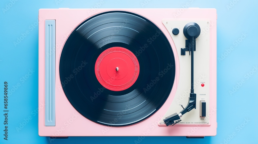 Obraz premium Blue pink pastel background with a vinyl player. View from the Top