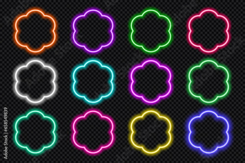 Neon round scallop border frames set. Glowing coloful flower button. Geometric shape action UI elements with copy space. Purple, blue, pink, yellow, green, red color text box. Vector illustration.