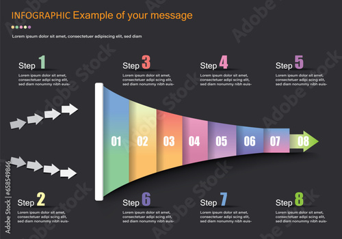 Vector infographic on gray-black background, trumpet shape with input arrows, divided into 7 sections and next sections to present education, finance, management, planning, timeline or steps.