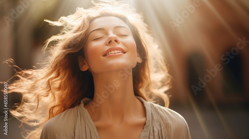 Happy young woman feeling relaxed with eyes closed. Smiling woman stretching with hands forward feeling fresh on a bright morning. Beautiful girl stretch herself in the morning