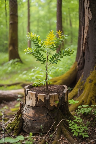 Young rowan tree seedling grow from old stump in Poland forest. leaves