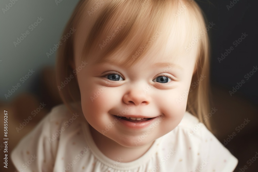 Down cute child smiling. Family care. Generate Ai Down cute child smiling. Family care. Generate Ai