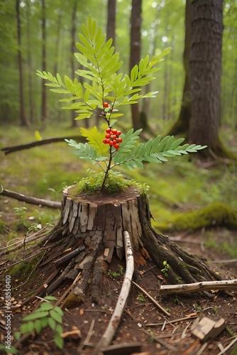 Young rowan tree seedling grow from old stump in Poland forest tree