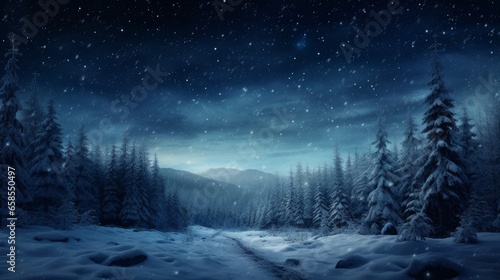 Winter forest with snow, sky and stars at night. Christmas and New Year concept. © ALA
