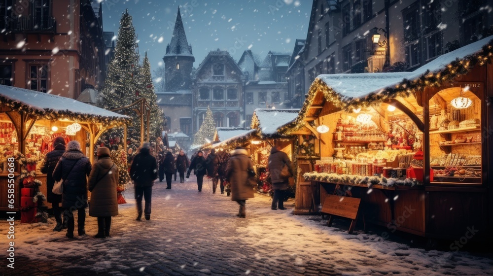 Charming Christmas market in the evening with lights. Merry Christmas and Happy New Year concept. Charming Christmas market in the evening with lights. Merry Christmas and Happy New Year concept.