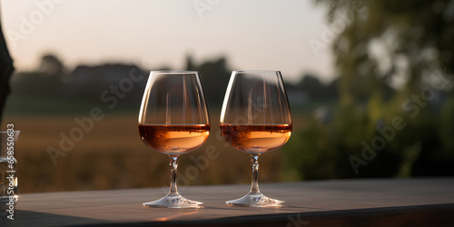 Wine in the glasses on the table outdoors. Blured landscape on background