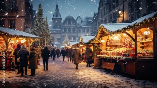 Charming Christmas market in the evening with lights. Merry Christmas and Happy New Year concept.