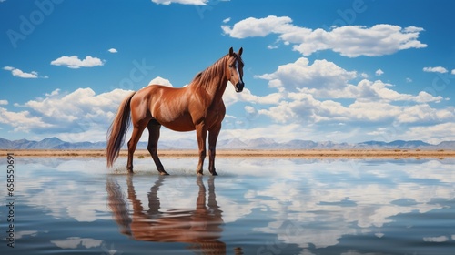 A beautiful horse s reflection in the water and the lovely blue sky.