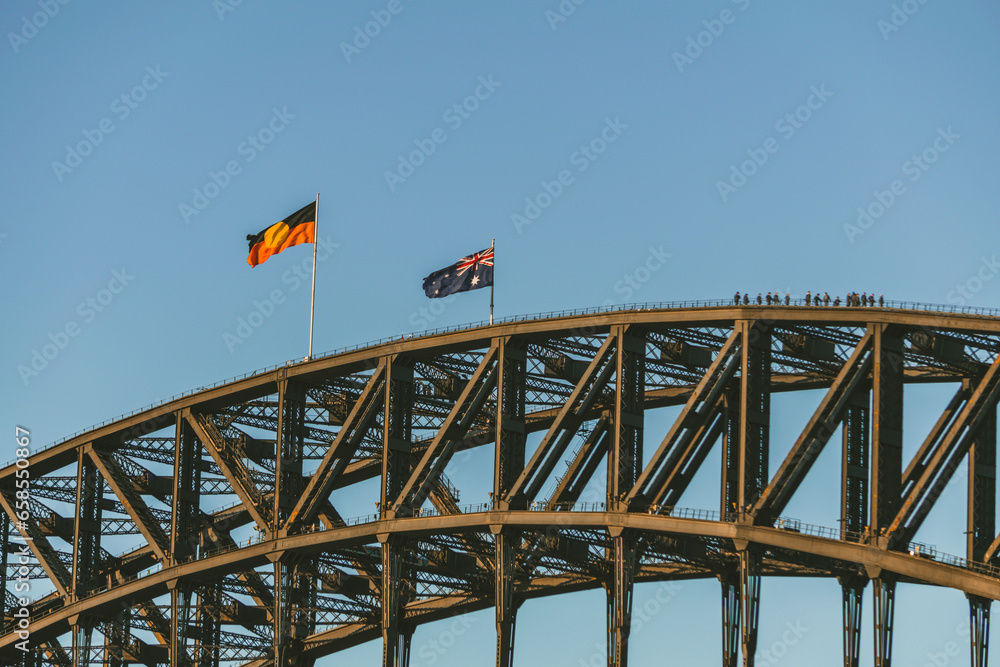 View of Sydney's most famous bridge. the harbor bridge at golden hour from walsh bay View of Sydney's most famous bridge. the harbor bridge at golden hour from walsh bay