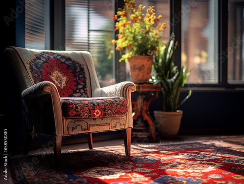 A cozy room with persian rug and comfortable chair. generative ai 