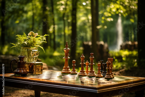 photo of a chessboard set up outdoors in a serene natural setting, emphasizing the fusion of strategy and the environment. © forenna