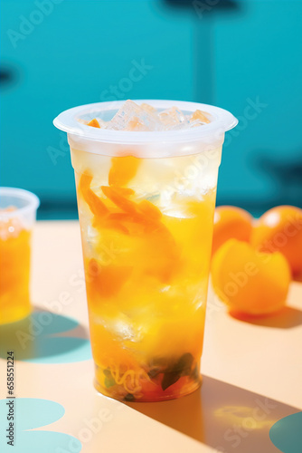 a variety of drinks that are made with fruit on a yellow background