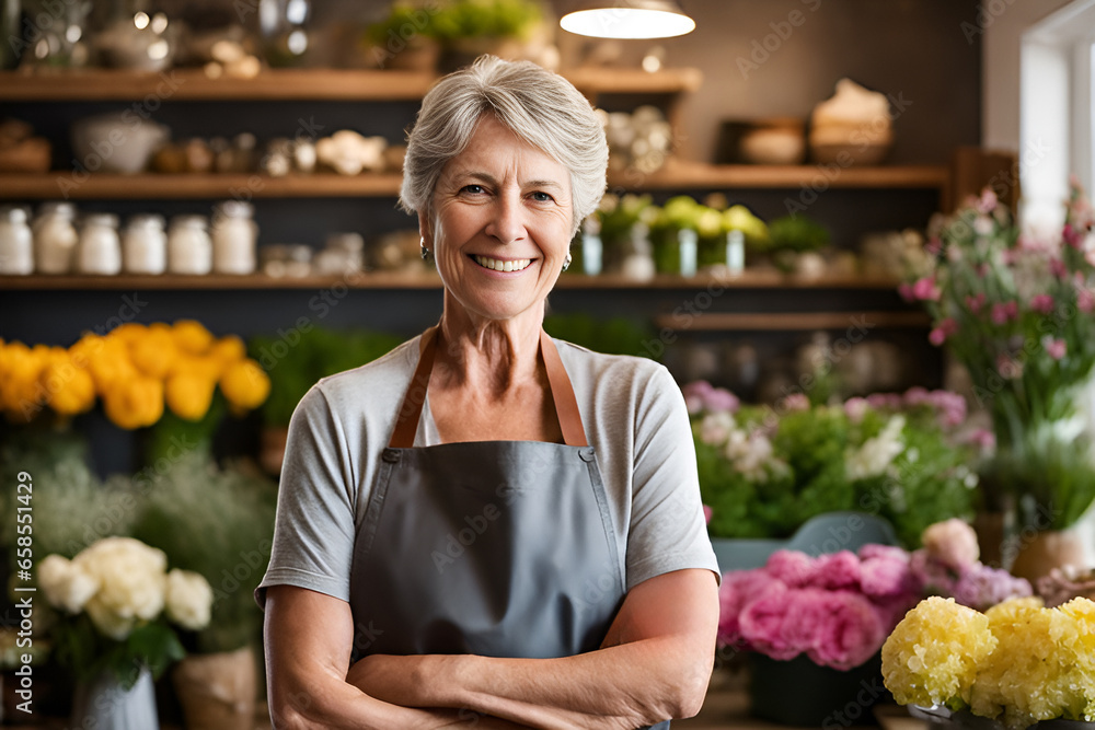 Portrait of a happy mature woman standing in her flower shop. Standing at the entrance is a successful small business owner in an ordinary gray apron.