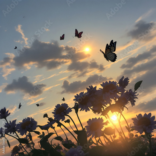 the sun was setting in the sky with several butterflies flying near the flowers