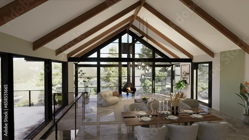 Interior of a family house, living room with kitchen - 3D animation