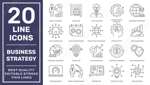 Innovative business solutions related icon set. Innovation team management. The set contains icons: Teamwork, Partnership, Cooperation, Corporate Business, Brainstorming. Editable Stroke.