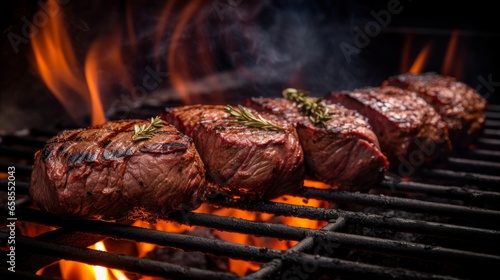  Tenderloin meat cooked on a flame grill panorama
