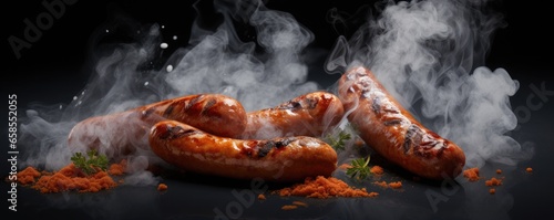 Fresh baked juicy sausage with smoke in the background. Generative AI.