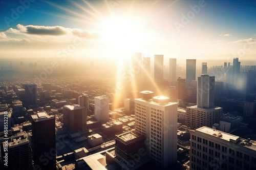 city top view. city top view of skyscraper with sun ray. AI GENERATE