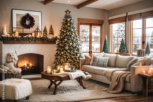 Cozy and inviting living room decor for the winter season, incorporating warm textiles, soft lighting, and festive accents. interior