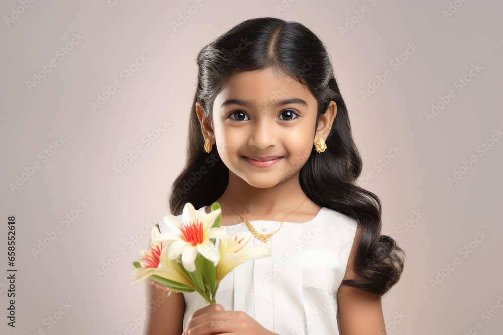 Cute indian little girl holding flower bouquet in hand Cute indian little girl holding flower bouquet in hand