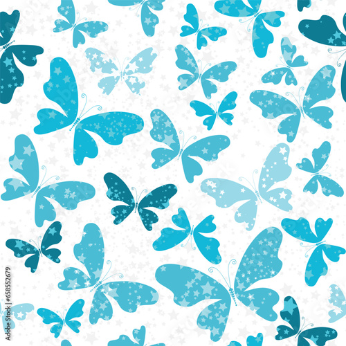 Vector fantasy seamless pattern with blue butterflies on the transparent background of the starry sky.