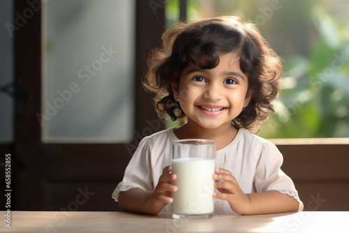 Cute Indian girl drinking milk in glass