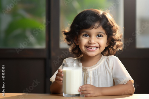 Cute Indian girl drinking milk in glass