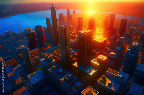 city view from above. beautiful top view of skyscraper with sunset with sun ray. AI GENERATE