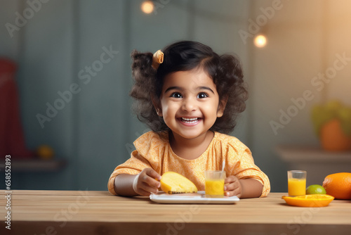 Cute indian little girl eating breakfast at home